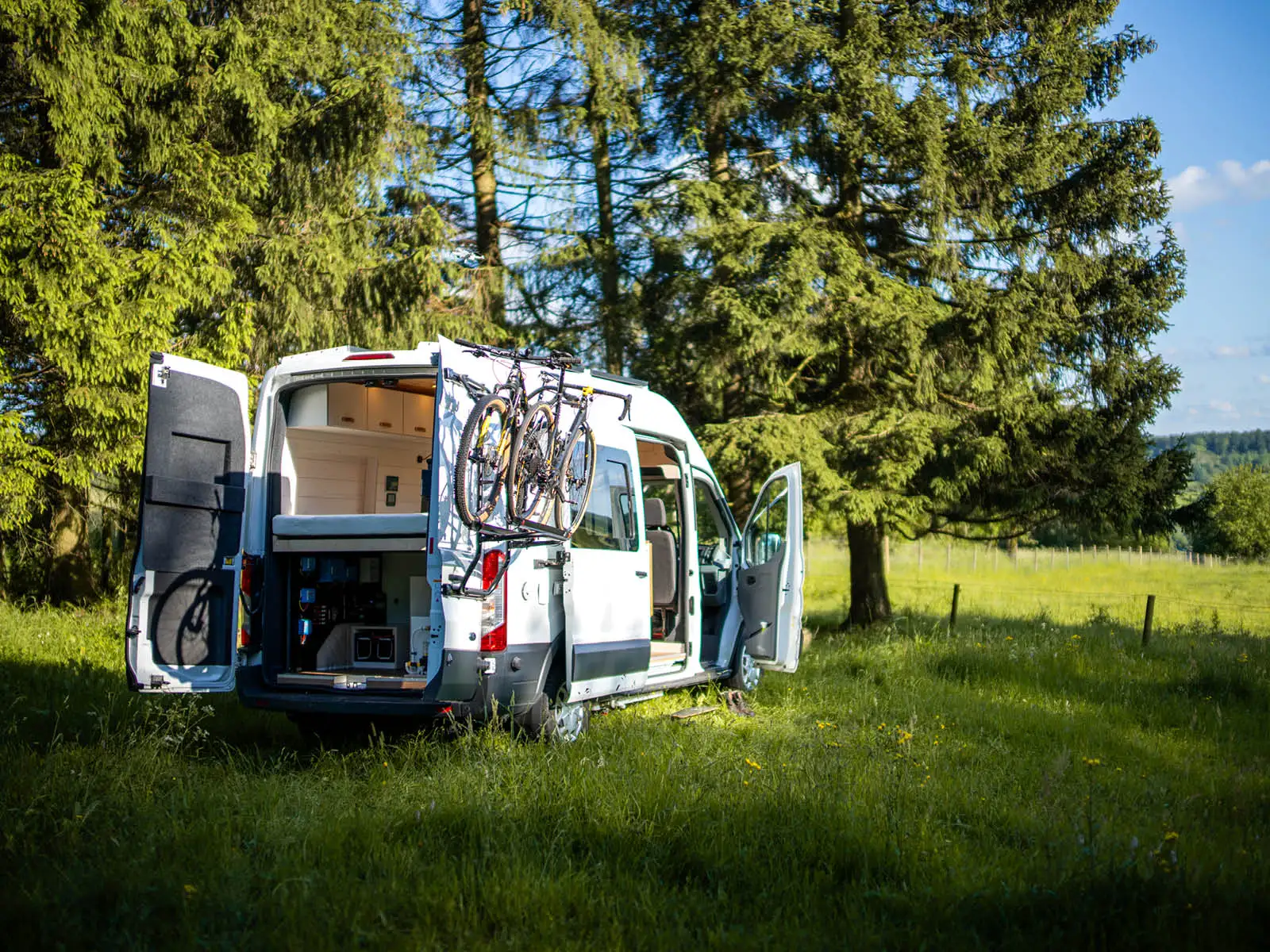 Ford Transit Mock mit geöffnetem Heck und Fahrradträger im Grünen