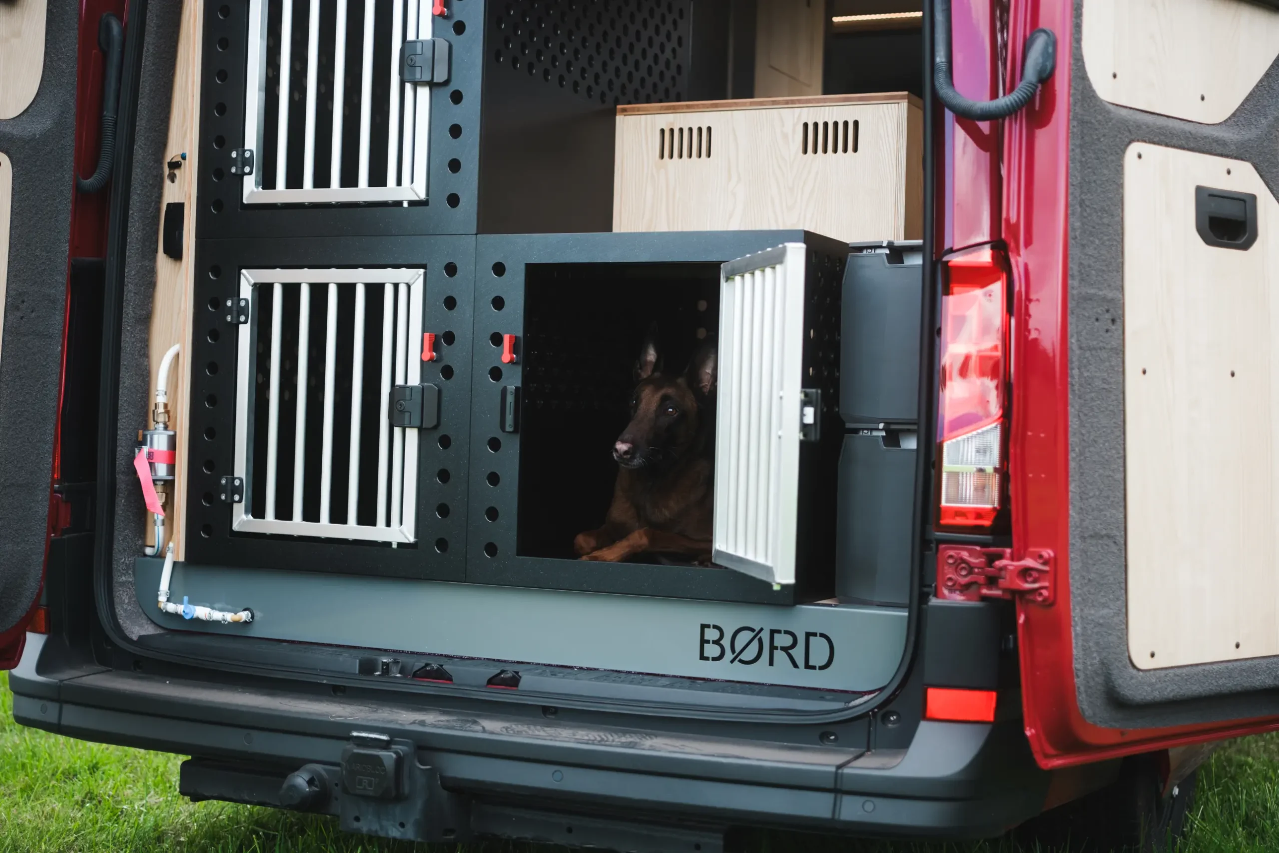 Drei feste Hundeboxen im Heck des MAN-Trailer Campervans